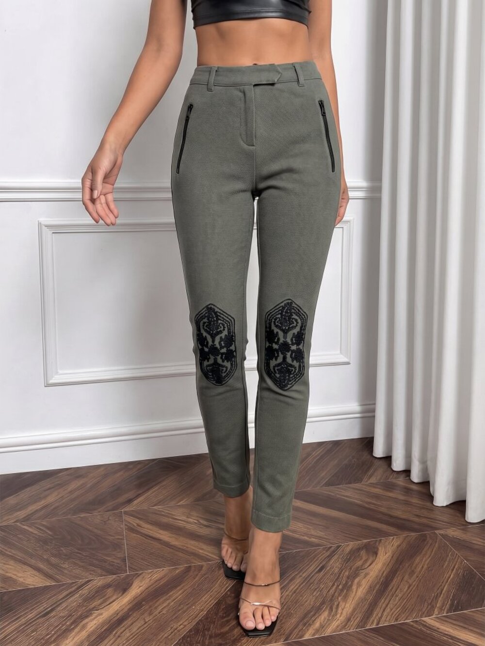 True Royal Olive Green Jeans with Black Embroidery Knee Patches